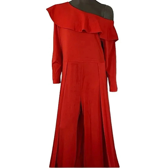 Vintage Overlay Jumpsuit Asymmetrical Off Shoulder Party Maxi Dress Size XL Red - Picture 2 of 15